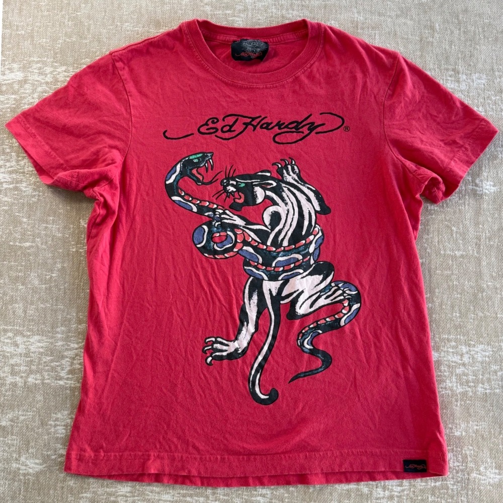 Ed Hardy Graphic Tee Womens M Red Y2K Cotton